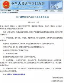 税务总局正式发布11月1日调整部分产品出口退税率清单